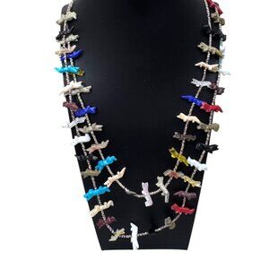 Double Strand Vintage Fetish Necklace Multicolor Carved Fox Sterling Silver 22"